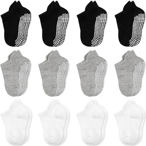 Baby Socks Toddler Socks Non Slip Grip Ankle Socks with Non Skid Soles 12 Pack for 6-12 Months 1-3 Years Baby Socks - Black White Grey 12pk