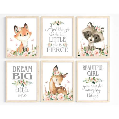 Girl Nursery Art, Woodland Animals, Girl Room Decor, Woodland Theme, Baby Animal Prints, Blush Flower Wall Art, Forest Animal, Printable