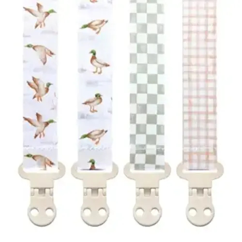 Baby Pacifier Clip Holder - Boy and Girl Unisex 4 Pack Gift Set – Neutral Checker Gingham Plaid Ducks Mallards Beige Brown and Green