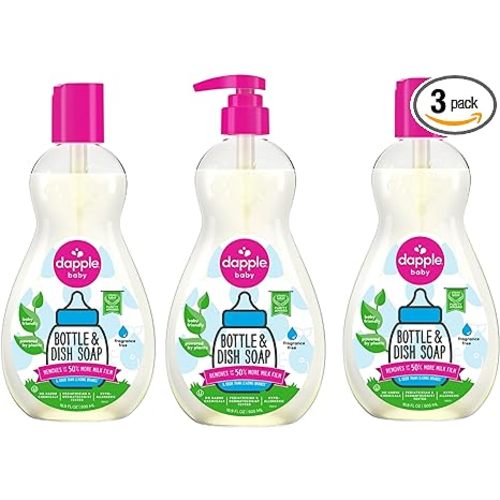 Dapple Baby Bottle Soap, Hypoallergenic Dish Soap for Baby Bottles, Powered by Plants, 1 Pump Included, Packaging May Vary, Fragrance Free, 16.9 Fl Oz (Pack of 3)