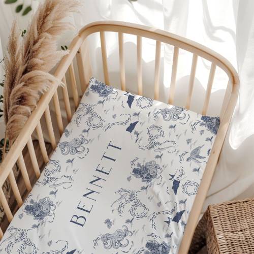 Ocean Nursery Crib Sheet Personalized Baby Bedding Under the Sea Nursery Standard Fitted Sheet Custom Name Crib Bedding Blue Toile Baby Crib