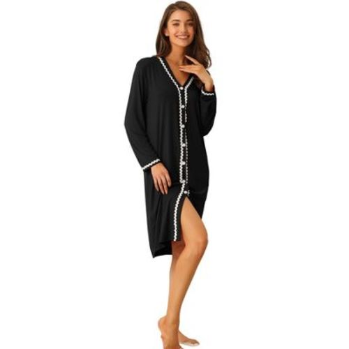 cheibear Women's Button Down V Neck Long Sleeve Pajama Nightshirt Dress
