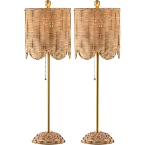JONATHAN Y JYL1138A-SET2 Celerie 27.5" Coastal Bohemian Rattan/Iron Scalloped Buffet LED Table Lamp with Pull Chain, Natural/Brass Gold (Set of 2), for Entry Console, Bedroom, Dining Room