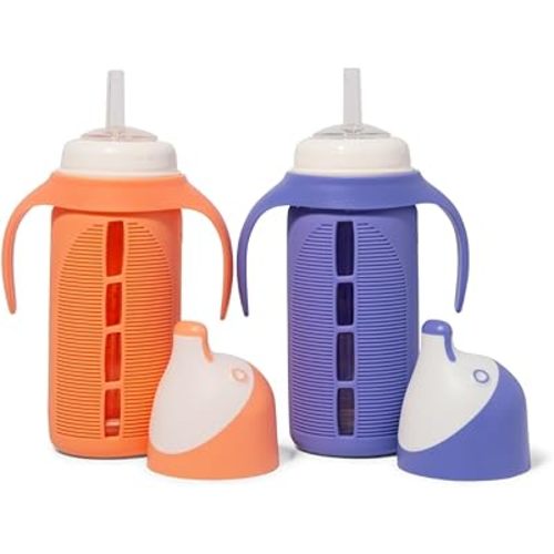 Set of 2 - Glass Sippy Cup for Toddlers - The Luca | Spill-Proof | Silicone Straw | Orange & Indigo Purple | 8 oz | Liquids Never Touch Plastic | Removable Handles… (purple)