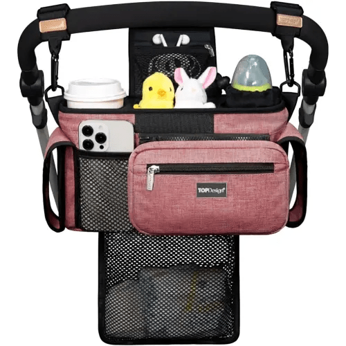 TOPDesign Universal Baby Stroller Organizer, Stroller Caddy with Detachable Mesh Bag & Heightened Insulated Cup Holders & Non-Slip Secure Hooks Accessories, Fits Most Strollers (Red)
