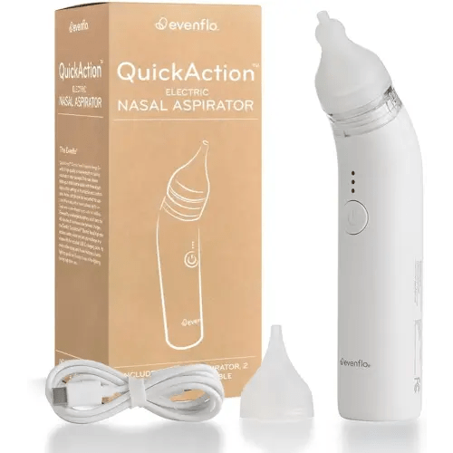 Evenflo QuickAction Electric Nasal Aspirator for Baby and Toddler - Gentle Kid-Friendly Design with 3 Suction Levels and 2 Soft Silicone Tips, Rechargeable