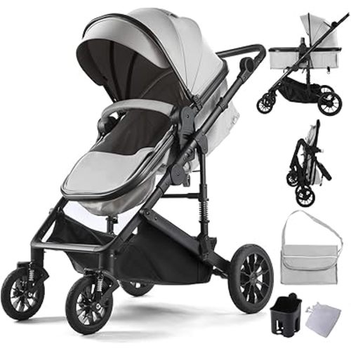 2-in-1 Convertible Baby Stroller with Bassinet Mode, Toddler Stroller with Reversible Seat, Foldable Infant Stroller with Adjustable Canopy, Cup Holder, Mommy Bag, Bassinet Pram for 0-36 Months, Grey