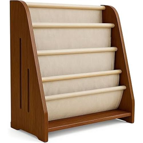 Kids Book Shelf Wooden Montessori Bookshelf Dutch Design 5Tier Scalloped,WalnutWood Pattern