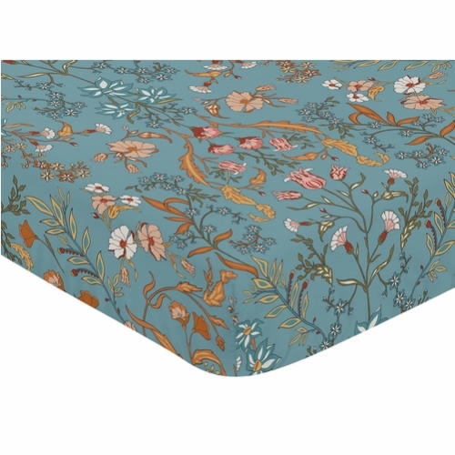 Boho Floral Wildflower Blue and Orange Crib Sheet