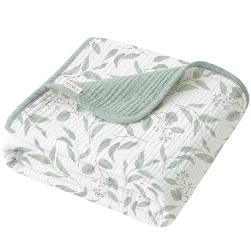 Konssy Muslin Baby Blankets for Girls Boys, 100% Cotton Crib Blanket for Infant Toddler, Super Soft and Lightweight Nursery Swaddling Wrap 40"x36" (Green Leaves)