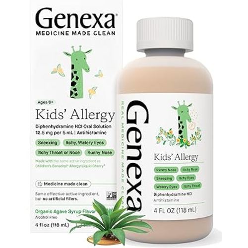 Genexa Kids' Allergy Medicine Liquid | Antihistamine Multi Symptom Childrens Allergy Medicine | Delicious Organic Agave Flavor | Certified Vegan, Gluten-Free & Non-GMO | 4 Fluid Ounces