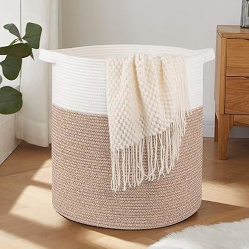 OIAHOMY 80L Laundry Hamper, Storage Basket with Handles, Laundry Basket For Toys, Pillows, Blankets,Clothes-20x18in-Brown&White
