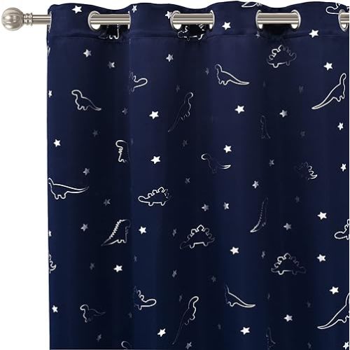 LORDTEX Dinosaur and Star Foil Print Blackout Curtains for Kids Room - Thermal Insulated Curtains Noise Reducing Window Drapes for Boys and Girls Bedroom, 52 x 63 Inch, Navy, Set of 2 Panels