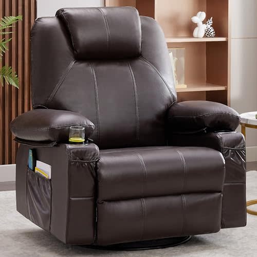 Weture Swivel Rocker Recliner Chair with Heat and Massage, 360 Degree Swivel Rocking Single Sofa with Cup Holders and USB Port, Big Large Oversized Recliner Chair for Living Room (Leather, Brown)