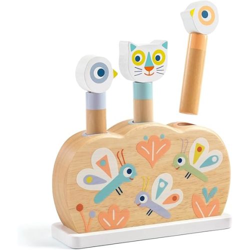 DJECO BabyPopi Wooden Pop Up Toy - Cute Animal Themed Wooden Shapes for Toddlers - Improves Color Recognition & Motor Skills, Perfect for Gifts - Fun Baby Toys for Girls & Boys, 12 Months+
