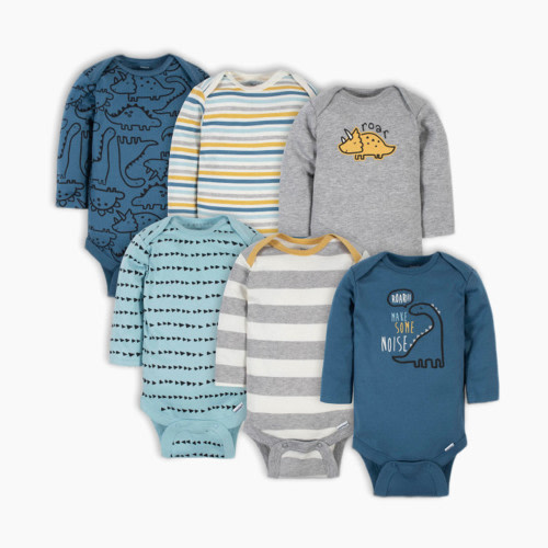 Gerber Long Sleeve Printed Onesies Bodysuits (6 Pack) - Blue Dinosaur, 0-3 M