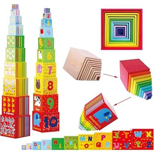 TOWO Wooden Stacking Boxes-Nesting and Sorting Cups Numbers Alphabet Animals Blocks for Toddlers-Stacking Cubes Educational Toys for 2 Years Old Montessori Materials
