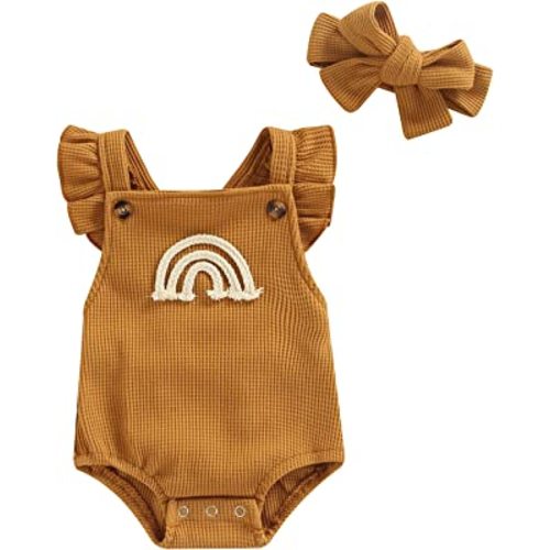 Fanvereka Newborn Baby Girls Rainbow Rompers Sleeveless Summer Ruffle Bodysuit Denim Rib Jumpsuit Headwear 2pcs Outfit