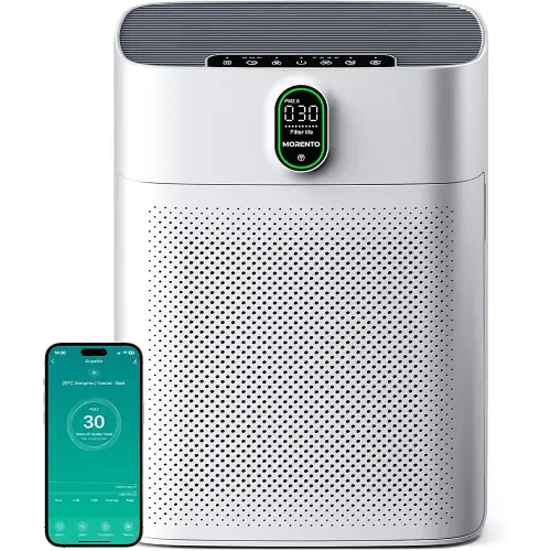 MORENTO Air Purifier for home Large Rooms up to 1076 ft2, Wi-Fi and Alexa compatible, PM2.5 Air Quality Display, Auto Mode, HEPA Filter Removes Dust, Pollen, Smoke 1 Pack +2 Pack Filters(White)