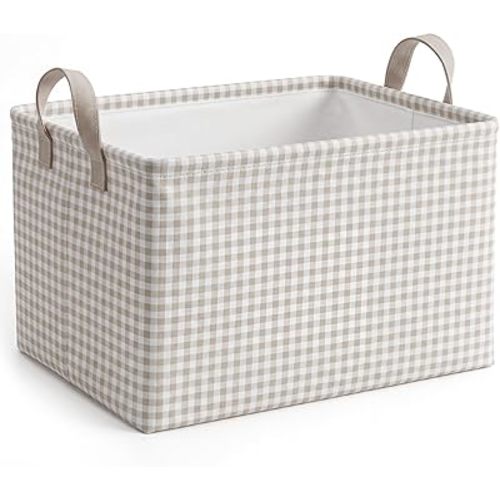 Hushee Gingham Storage Basket Collapsible Khaki Checkered Organizer Rectangular Bin with Handles for Home Office Bathroom Bedroom Pet Toy Storage Modern Farmhouse Classroom Decor