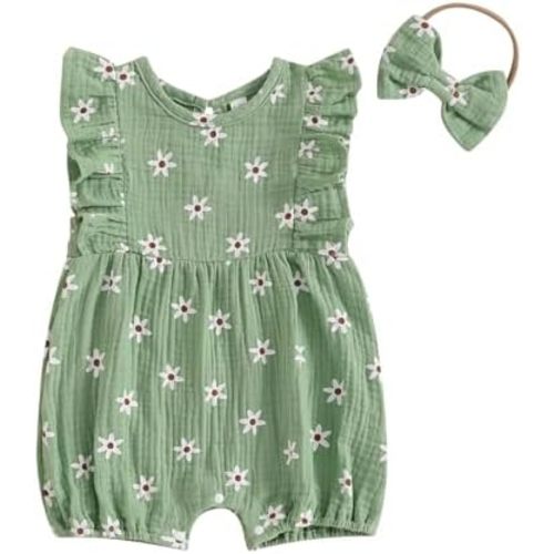 Newborn Baby Girls Daisy Printed Clothes Pleated Ruffled Sleeve Romper Cute Summer Outfit with Headband
