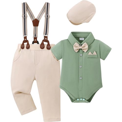 YALLET Baby Boy Clothes Suit Newborn Infant Gentleman Outfits, Formal Dress Shirt+Bowtie+Suspender Shorts Wedding Party Set - Light Green - 0-3 Months