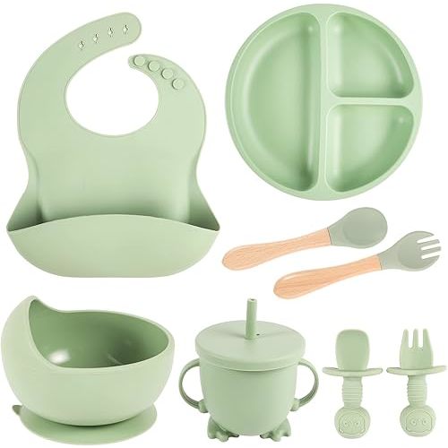 8 Pack Silicone Baby Feeding Set, BPA Free Baby Led Weaning Supplies Includes Baby Divided Suction Plate, Suction Bowls, Adjustable Bibs, Cup with Straw, 2 Spoons, 2 Forks Toddler Eating Set(Green)
