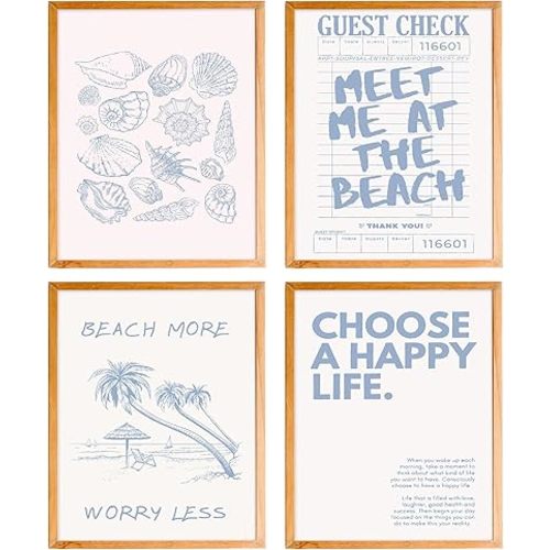 BearCake Beach Wall Art, Meet Me at the Sea, Vintage Tropical Shell Posters, Coastal Room Decor, 8x10 Inches Set of 4 Unframed Blue Prints