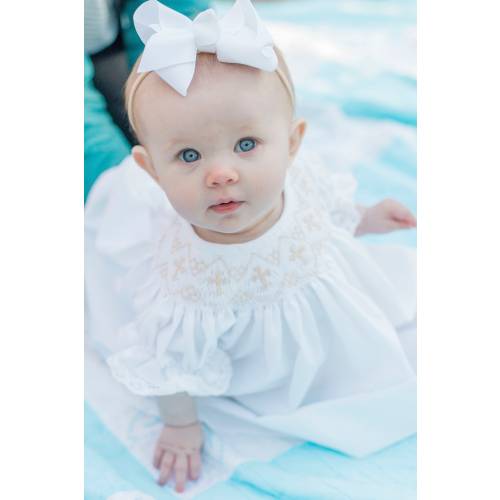 Smocked Cross Dress in White with Cream Crosses and lace sleeves -Baptism, Christening, Baby Girl, Heirloom dress, Flower Girl, Bishop 241