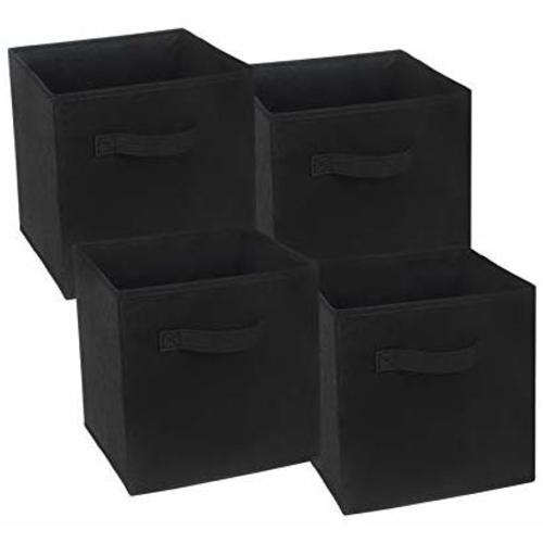 Zonyon 4-Cube Sturdy Storage Container, Foldable Linen Fabric Cube Basket,Storage Bin Box,Nursery Hamper with Handle for Women, Men, Kids, Toys, Bookshelf, Closet, Office, 11''X11''11'', Black
