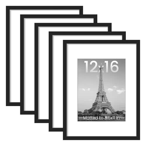 upsimples 12x16 Picture Frame Set of 5, Display Pictures 8.5x11 with Mat or 12 x 16 Without, Wall Gallery Poster Frames, Black