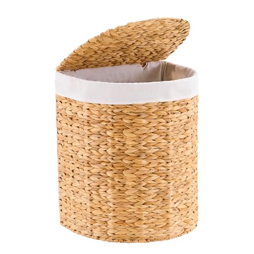 Half Round Wicker Laundry Hamper with Lid and 2 Removable Liner Bags, Handwoven Natural Water Hyacinth Laundry Basket for Dirty Clothes, Natural