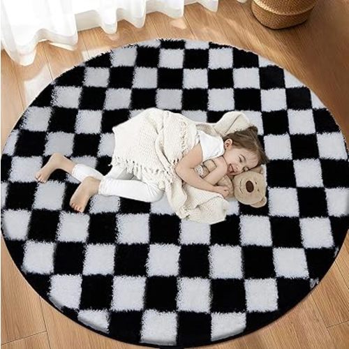 Super Soft Rug, Round Rug for Bedroom, 5X5 Ft Black and White Checkered Round Rug Non-Slip High Pile Cute Soft Fluffy Rug for Living Room Bedroom Kids Room
