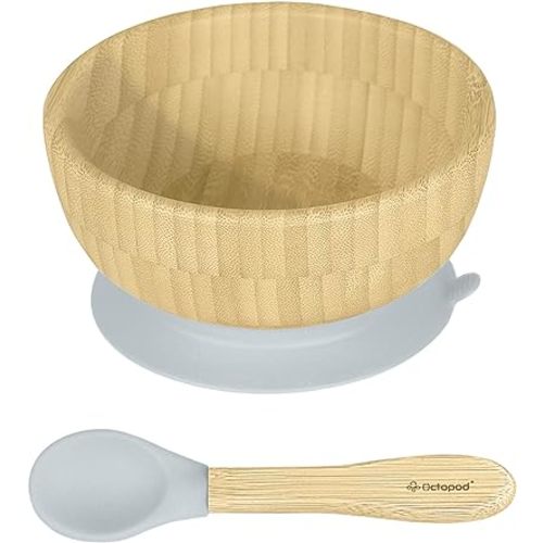 Abiie Octopod Bamboo Dish - Fun Kids 3-Compartment Baby Plates with Suction for 4 months and up, High-Chair Bamboo Baby Plate, Mess-Free Toddler Suction Plates, Ergonomic Baby Feeding Supplies-Gray