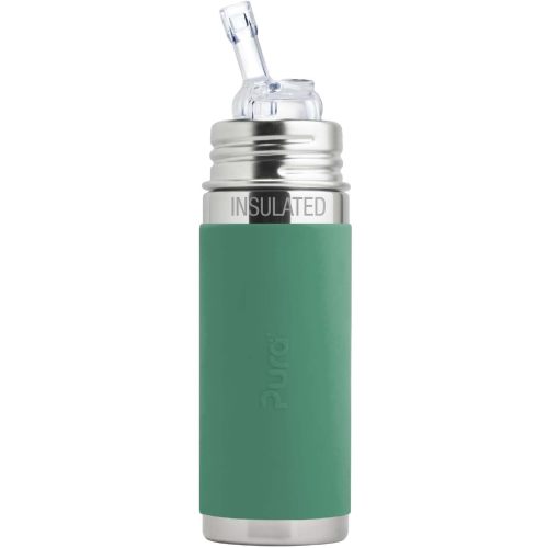 Pura Kiki 9oz/260 ml Stainless Steel Insulated Bottle w/Silicone Straw & Sleeve, 100% Plastic-Free, MadeSafe Certified, 100% Medical-Grade Silicone Straw for Kids, Toddlers, Babies & Infant – Mint