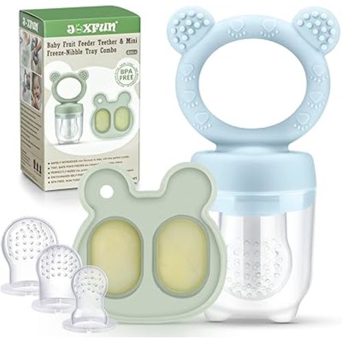 Baby Fruit Food Feeder Pacifier & Mini Freezer Nibble Tray Combo, Breastmilk Popsicle Molds for Cooling Relief, BPA Free Silicone Feeder to Safely Introduce New Foods, Double as Teething Toys