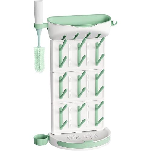 Momcozy DIY Larger Bottle Drying Rack for 18 Bottles, Space Saving Countertop Vertical Rack with Brushes Holder, Detachable Travel Bottle Rack for Baby Accessories & Pump Parts
