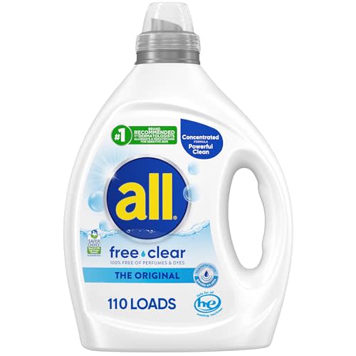 all Liquid Laundry Detergent, Free Clear for Sensitive Skin, Unscented and Hypoallergenic, 2X Concentrated, 110 Loads