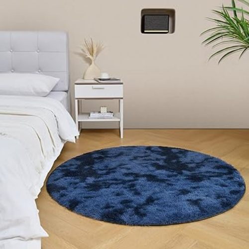 duduta Navy Blue Fluffy Round Rug 4x4 ft, Tie-Dyed Shag Fuzzy Plush Circle Throw Rug for Nursery Bedroom Living Room Home Decor