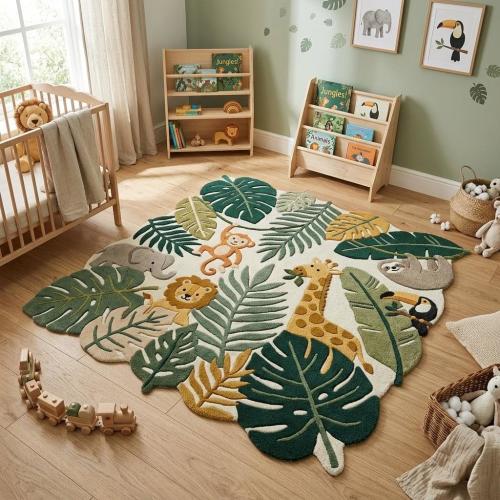 Jungle Safari Nursery Rug, Hand Tufted Forest Animal Carpet, Green Monstera Leaf Kids Play Mat, Lion Giraffe Decor, Custom Size Available
