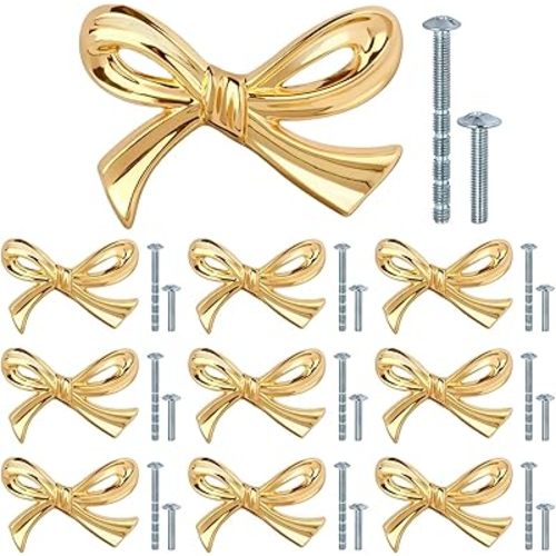 Draupnir 10 pomos dorados para armarios con forma de lazo de tocador, lazos de metal de latón, manijas decorativas de cajón para escritorio, armario, armario de TV y estantería