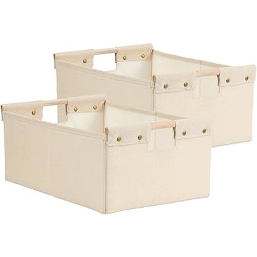 2PCS Storage Bins Cotton Linen Fabric Storage Boxes Basket with Wooden Handles Label Tag Foldable Washable Decorative Shelf Container Clothes Organizer Home Laundry - Large Size, Beige