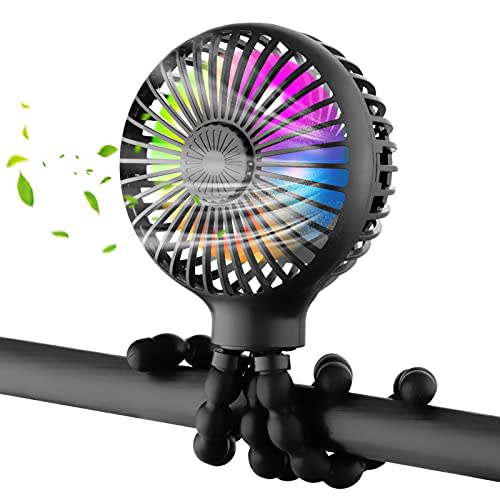 AGWIM Baby Fan for Stroller, Battery Operated Handheld Fan, Rechargeable Desk Fan with 3 Speeds & Led Light & Aromatherapy, Flexible Tripod Clip On Fan for Car Seat Crib Bike Treadmill (Black)