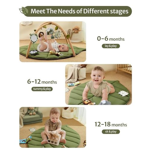Blissful Diary Baby Play Gym & Activity Mat, Oversize Leaf Shaped Baby Play Mat w 6 Detachable Toys, Tummy Time Mat Promote Motor Skills & Sensory Development Mat, Newborn Infant Baby Essentials Gift - Play Gym with Lion Rattle
