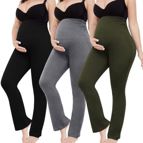 Bearsland Women's Plus Size Maternity Leggings over Belly Pregnancy Yoga Pants Active Wear Workout Pants with Pocket 3-Pack
