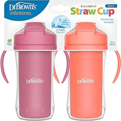 Dr. Brown's Milestones Insulated Sippy Cup with Straw and Handles, Spill-Proof Tumbler with Lid, 2-Pack, Pink, 10 oz/300 mL, BPA Free, 12m+