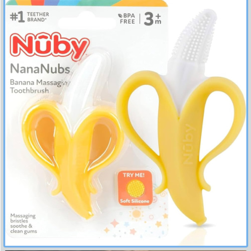 Nuby Nananubs Banana Massaging Teether – Baby Teething Toys 3 Months and Up, Silicone Teether for Sore Gums, Infant Toy, Baby Essentials, Brush, Travel Accessory, Gift for Babies