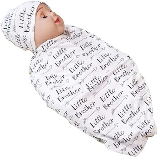 Newborn Swaddle Blanket with Beanie Set,Soft Stretchy Blanket for 0-3 Months Baby Boys and Girls (Brother)