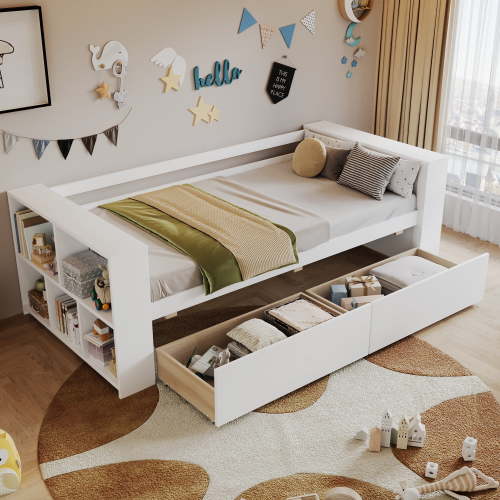 EUROCO Wood Twin Size Daybed with 2 Shelves and Drawers, White