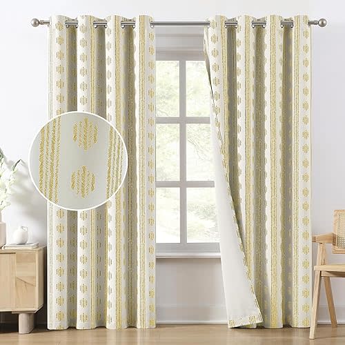 Melodieux 80% Blackout Boho Curtains for Bedroom 84 Inch Length 2 Panels Set Yellow on Beige Striped Pattern Cotton Bedroom Curtains Grommet Room Darkening Curtain for Living Room Thermal Insulated